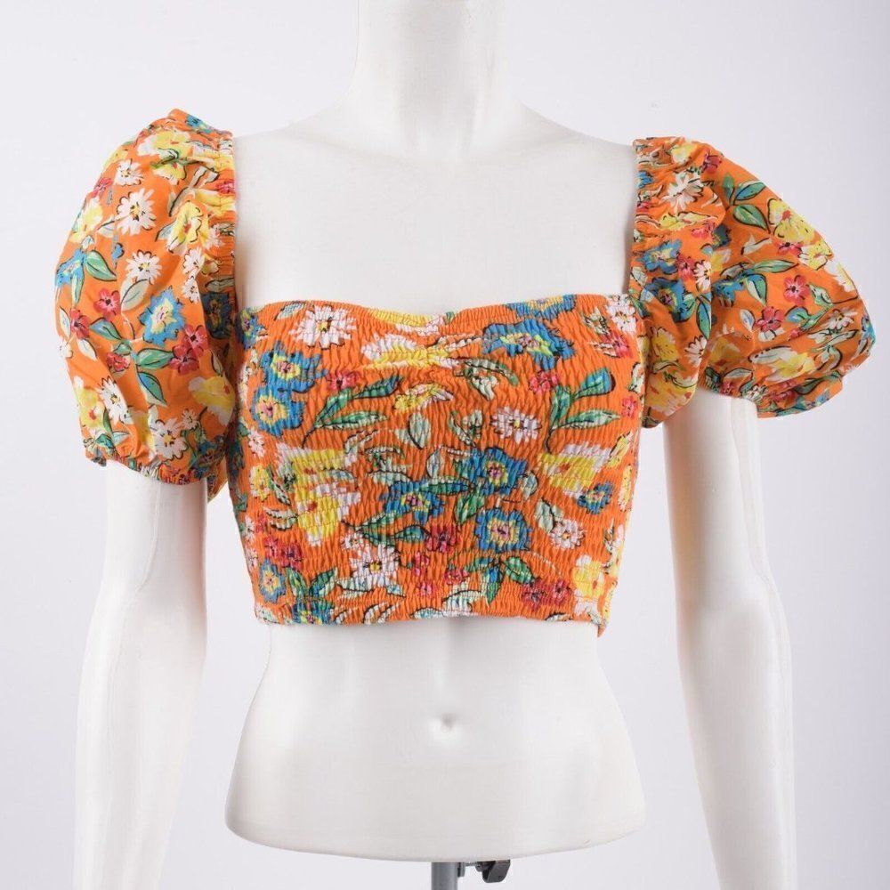 Zara Womens Balloon Sleeve Crop Top Flounce shirt M Orange Floral 1131/809 NWT